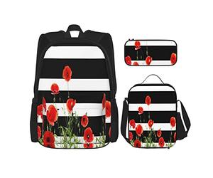 3 pièces ensemble sacs à dos rayé noir et blanc rayures fleur de coquelicot rouge feuille verte floral vie privée livre sac voyage travail école sac porte-crayon sac à déjeuner combinaison pour homm