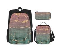 3 pièces ensemble sacs à dos rose dégradé tranché marbre rose métallisé abstrait ombré vert tranche d'agate rugueuse feuille fissurée sac de livre graphique sac d'école de travail trousse à crayons