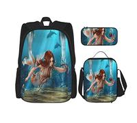 3 pièces ensemble sacs à dos sirène réaliste sirène tenant un lys de mer magique monde aquatique thème livre sac voyage camping travail sac d'école trousse à crayons sac à déjeuner combinaison pour