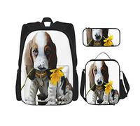 3 pièces ensemble sacs à dos Sunny Beagle avec collier et tournesols dans la bouche sac de livre voyage camping travail sac d'école trousse à crayons sac à déjeuner combinaison pour hommes femmes ga