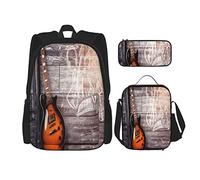 3 pièces ensemble sacs à dos thème musique guitare électrique dans l'intérieur de la maison en bois s'appuyant sur une chaise Passion Concept livre sac voyage travail sac d'école trousse à crayons s