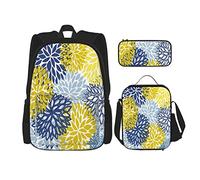 3 pièces ensemble sacs à dos vert printemps floral bleu jaune et bleu marine fleurs de chrysanthème sac de livre voyage camping travail sac d'école trousse à crayons sac à lunch combinaison pour hom