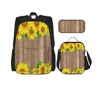 3 pièces ensemble sacs à dos vintage planche en bois jaune tournesol sac de livre voyage camping travail sac d'école trousse à crayons sac à déjeuner combinaison pour hommes femmes garçons filles ta