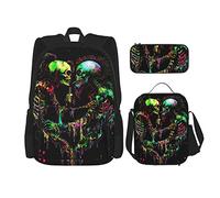 3 Pièces Ensemble Sacs À DosColoré Crâne Art Boire Fumer Squelette Amour Romance Livre Sac Voyage Camping Travail Sac D'école Trousse À Crayons Sac À Lunch Combinaison Pour Hommes Femmes Garçons Fil