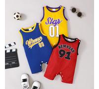 3 pièces Ensemble style sport casual de rue, débardeur à col ras-du-cou côtelé, manches courtes avec manchettes en maille. Tenue de sport 6-9M,9-12M,12-18M,1-3M,3-6MGéométrique,LettresPolyester