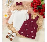 3 pièces/Ensemble Tenue bébé fille douce, body à volants et robe salopette en velours côtelé avec broderie de nœud et bandeau à nœud, tenue d'automne 6-9M,9-12M,12-18M,1-3M,3-6MgraphiquePolyester
