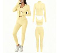 3 pièces/Ensemble Top zippé à manches longues en tricot jaune moutarde, débardeur et legging, tenue de sport pour femmes, ensemble de 2 pièces pour femmes d'affaires, tenues décontractées L,M,S,XL,XS,