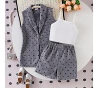 3 pièces Ensembles formels pour jeune fille : Blazer gris, Débardeur en tricot, Short à imprimé papillon. Tenue élégante d'été pour filles, décontractée pour les vacances ou l'école 6Y,7Y,4Y,5Ygraphiq