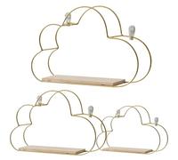 3 PIÈCES Étagères Nuages Support Mural Étagère Nuage Suspendue avec Base en Bois Étagères Flottantes Dorées Étagère Murale en Fer Doré Costume pour Bibliothèque Salle de Bain Rangement Fourniture