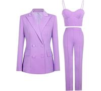 3 Pièces Femmes Blazer Taille élastique Ensemble Costume Dame Bureau Costume Ensemble Travail Porter Solide Costume De Travail, Purple, M(Bust:98CM)
