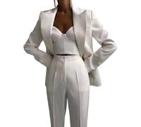 3 Pièces Femmes Blazer Taille élastique Ensemble Costume Dame Bureau Costume Ensemble Travail Porter Solide Costume De Travail, White, S(Bust:94CM)
