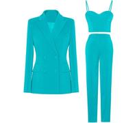 3 Pièces Femmes Blazer Taille élastique Ensemble Costume Dame Bureau Costume Ensemble Travail Porter Solide Costume De Travail, Green, L(Bust:102CM)