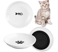 3 Pièces Gamelle Chat Céramique avec Base Silicone Antidérapante, Gamelle Chat Plat Large pour Fatigue Barbe Soulager,Assiettes Chatons pour Nourriture,Eau, Plats Nourrir avec Patte Chat,Petit Poisson