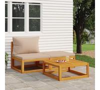3 Pieces Garden Furniture Set with Cushions, Solid Acacia Wood Outdoor Lounge Sofa Coffee Table & Ottoman, Patio Bistro Set for Terrace, Balcony, Comfortable Seating for Relaxation & Coffee Time
