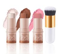 3 Pièces Highlighter Contour Blush Stick, Bâton de Maquillage Visage avec Pinceau, Léger Bâton Surligneur, Imperméable Longue Durée Crème Bronzer Contouring Stick pour Sculpter Facilement Les Joues