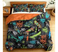 3 Pièces Housse de Couette, Mode Graffiti Art Sports Skateboard Réversible Parure de Lit 240 x 220 cm et 2 Taie d'oreiller, Orange Microfibre Housse de Couette pour Enfant Ado et Adulte