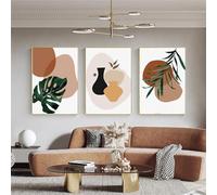 3 Pièces Images Murales,Peinture Murale Abstraite L'Aquarelle Bloc Géométrique Affiche Impression Feuille Plante Vase Toile Images Murales Cuisine Bureau Décoration-60*70cm(24*27pouces)sans cadre