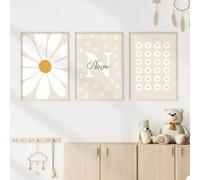 3 pièces Impressions d'art personnalisées avec nom, petites impressions de marguerites, affiches sur canevas avec alphabet, fleurs, fond de chrysanthème. Affiches nordiques personnalisées, cadeaux uni