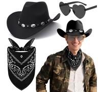 3 Pièces Kit Accessoires de Chapeau de Cowboy, Western Déguisement Set avec Cowboy Chapeau Lunettes de Soleil en Forme de Cœur Bandanas à Motif Cachemire pour Adultes Mascarades Halloween Fête