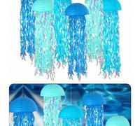 3 pièces Lanternes en papier bleues suspendues en forme de méduses, lanternes en papier à dégradé de couleurs pour thème de fête sirène, décorations d'anniversaire sous-marin océanique, guirlande de d