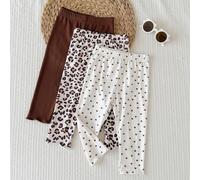 3 pièces Leggings côtelés pour bébé fille, pantalon mignon et doux, marron blanc léopard, bordure à volants, imprimé cœur, poids moyen, décontracté, automne, confortable, princesse, féminin, évasé, sl