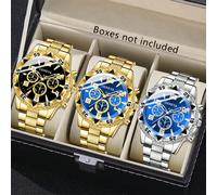 3 pièces Montre Quartz pour homme, bracelet en alliage, style mode et simple, cadran à trois yeux avec échelle mixte. Convient pour le port quotidien, la décoration ou comme cadeau pour les fêtes Tail
