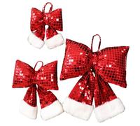 3 Pièces Noeuds de Noël, 3 Tailles Noeuds d'arbre de Noël à Paillettes Disco avec Garniture en Peluche Blanche pour Ornements Décoration Maison Faveur Fête, Rouge