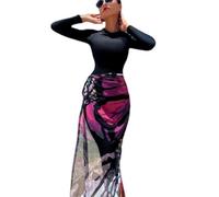 3 pièces Nouveau Burkini Femmes Musulmane Plage Maillots de Bain Manches Longues Ceinture Gaze Maillots de Bain Moyen-Orient Conservateur Long Imprimer Femmes Maillots de Bain, Noir , XL