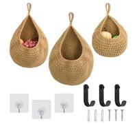 3 Pièces Panier Suspendu, Panier Mural avec Crochet, Panier Suspendu Rangement Boho pour Cuisine, Panier Suspendu Tissé à la Main pour Fruits et Légumes (S+M+L)