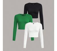 3 pièces/paquet T-shirt court à manches longues col ras du cou polyvalent et décontracté, coupe slim pour femmes, printemps automne L,M,S,XL,XS,XXL,XXS,XXXL,XXXXLUnicoloreTissu tricoté