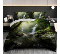 3-pièces Parure de Lit pour Adultes - Paysage de Cascade dans Une ForêT Primitive Housse de Couette 240x220 et 2 Taies d’Oreiller, Vert Housse Couette en Microfibre Doux pour 2 Personnes Lit