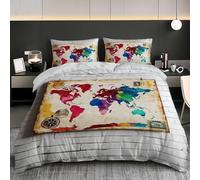 3-pièces Parure de Lit pour Enfant - Carte du Monde à L'Aquarelle Housse de Couette 140x200 et 2 Taies d’Oreiller, Coloré Housse Couette en Microfibre Doux et Confortable pour 1 Personnes Lit