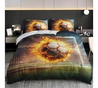 3-pièces Parure de Lit pour Enfant - Sports Flame Football Housse de Couette 90x190 et 2 Taies d’Oreiller, Terrain de Football Vert Housse Couette en Microfibre Doux pour 1 Personnes Lit