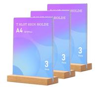 3 Pièces Présentoir de Table Acrylique A4, Support pour Menu Transparent A4 Présentoirs Verticals Double Face, A4 Presentoir avec Base en Bois, Supports de A4 pour Flyers,Photos,Publicités,Menus