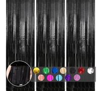 3 pièces Rideau Métallique de Frange Noir,1mx2m Scintillants Foil Rideau Shimmer Brillants Decoration Anniversaire Photo Fond,pour Deco Porte Fenetres,Disco,Scintillant Mariage,Maison,Fête,Noël