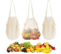 3 Pièces Sac à Provisions Réutilisable en Maille Beige, Filet Provision en Maille avec Poignée Longue Sacs Legumes Courses, Réutilisable Pliable pour Stockage Des Fruits Et Légumes, Marché, Courses