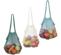 3 Pièces Sacs à Provisions en Coton, Sacs en Filet Réutilisables, Filet de Courses en Coton, Coton Naturel Portable Sac a Provision Filet avec Manche Long pour Fruits, Légumes, Jouets (3 Couleurs)