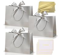 3 pièces Sacs Cadeau Argent,Pochettes Cadeau en Papier Moyen avec Anse,Emballage Cadeaux avec Ruban d'Arc 3 Cartes 6 Mouchoirs,pour Anniversaires Mariages Fêtes Noël Paquet Luxe Elégantes