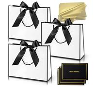 3 pièces Sacs Cadeau Blanc Noir,Pochettes Cadeau en Papier Moyen avec Anse,Emballage Cadeaux avec Ruban d'Arc 3 Cartes 6 Mouchoirs,pour Anniversaires Mariages Fêtes Noël Paquet Luxe Elégantes