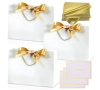 3 pièces Sacs Cadeau Blanc,Pochettes Cadeau en Papier Moyen avec Anse,Emballage Cadeaux avec Ruban d'Arc 3 Cartes 6 Mouchoirs,pour Anniversaires Mariages Fêtes Noël Paquet Luxe Elégantes