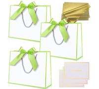 3 pièces Sacs Cadeau Blanc Vert,Pochettes Cadeau en Papier Moyen avec Anse,Emballage Cadeaux avec Ruban d'Arc 3 Cartes 6 Mouchoirs,pour Anniversaires Mariages Fêtes Noël Paquet Luxe Elégantes