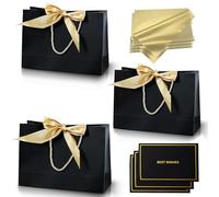 3 pièces Sacs Cadeau Noir,Pochettes Cadeau en Papier Moyen avec Anse,Emballage Cadeaux avec Ruban d'Arc 3 Cartes 6 Mouchoirs,pour Anniversaires Mariages Fêtes Noël Paquet Luxe Elégantes