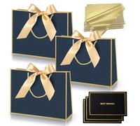 3 pièces Sacs Cadeau Or Naval,Pochettes Cadeau en Papier Moyen avec Anse,Emballage Cadeaux avec Ruban d'Arc 3 Cartes 6 Mouchoirs,pour Anniversaires Mariages Fêtes Noël Paquet Luxe Elégantes