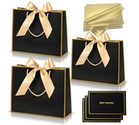 3 pièces Sacs Cadeau Or Noir,Pochettes Cadeau en Papier Moyen avec Anse,Emballage Cadeaux avec Ruban d'Arc 3 Cartes 6 Mouchoirs,pour Anniversaires Mariages Fêtes Noël Paquet Luxe Elégantes