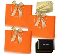 3 pièces Sacs Cadeau Orange,Pochettes Cadeau en Papier Moyen avec Anse,Emballage Cadeaux avec Ruban d'Arc 3 Cartes 6 Mouchoirs,pour Anniversaires Mariages Fêtes Noël Paquet Luxe Elégantes