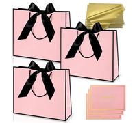 3 pièces Sacs Cadeau Rose Noir,Pochettes Cadeau en Papier Moyen avec Anse,Emballage Cadeaux avec Ruban d'Arc 3 Cartes 6 Mouchoirs,pour Anniversaires Mariages Fêtes Noël Paquet Luxe Elégantes