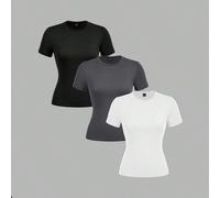 3 pièces/set 95% coton décontracté slim-fit t-shirt col rond à manches courtes pour femmes, noir, blanc, gris, convient pour toutes les saisons intérieur et extérieur, vintage, hauts d'été mignons, so