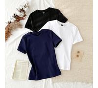 3 pièces/set 95% coton décontracté slim-fit t-shirt col rond à manches courtes pour femmes, noir, blanc, gris, convient pour toutes les saisons intérieur et extérieur, vintage, hauts d'été mignons, so