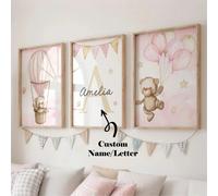 3 pièces/Set Affiches murales sur canevas sans cadre personnalisables, peinture murale décorative avec ours en peluche, nom personnalisé, ballon à air chaud, étoiles, ballon drapeau, lettre initiale, 