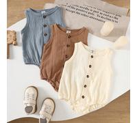 3 pièces/set Barboteuses sans manches à fermeture par boutons-pression pour bébés garçons, en coton pur bleu, abricot et marron. Style casual, convient pour les jeux quotidiens à l'extérieur, l'école,